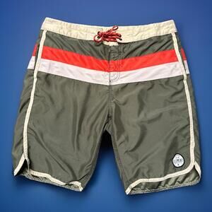 Element Y2k Board Shorts Men 34 Green Striped Skater Beach Swim Trunks 34x9.5